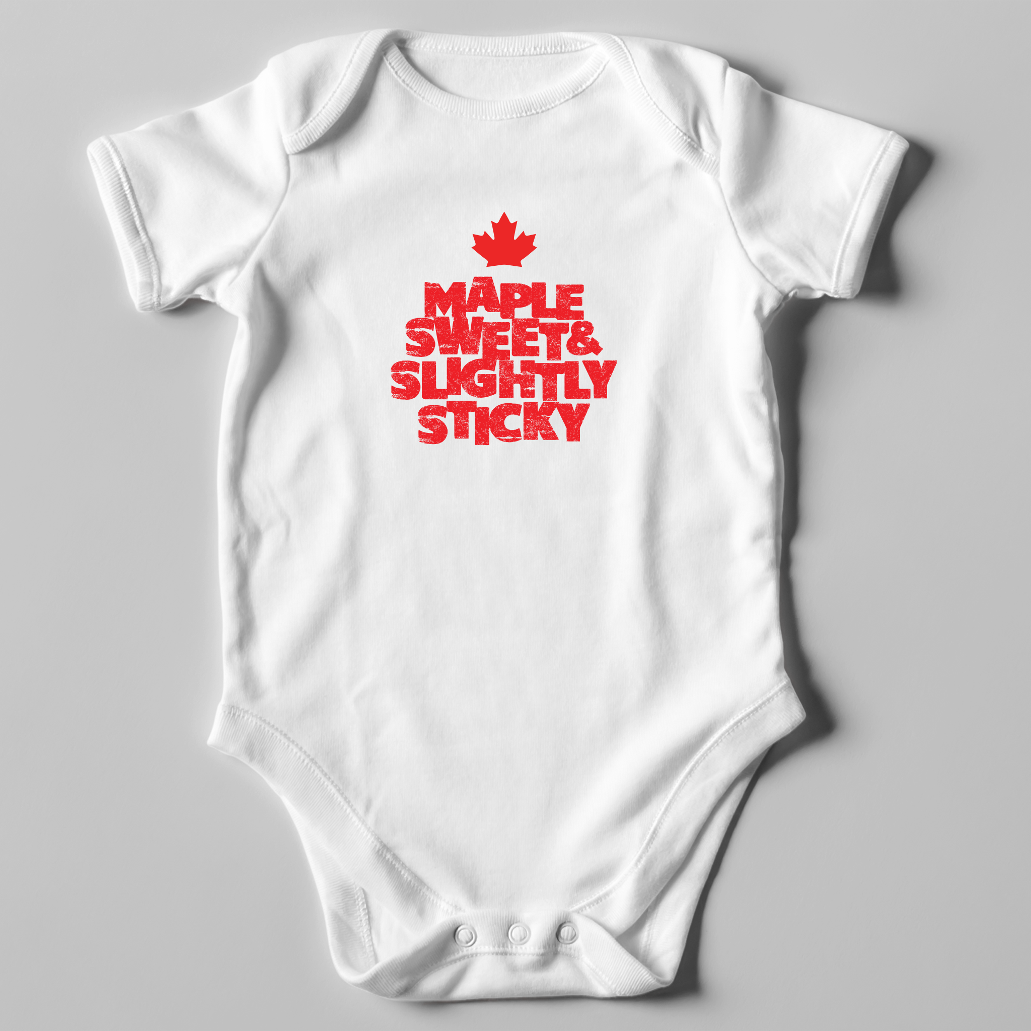"Maple Sweet" Canadian baby onesie in red and white