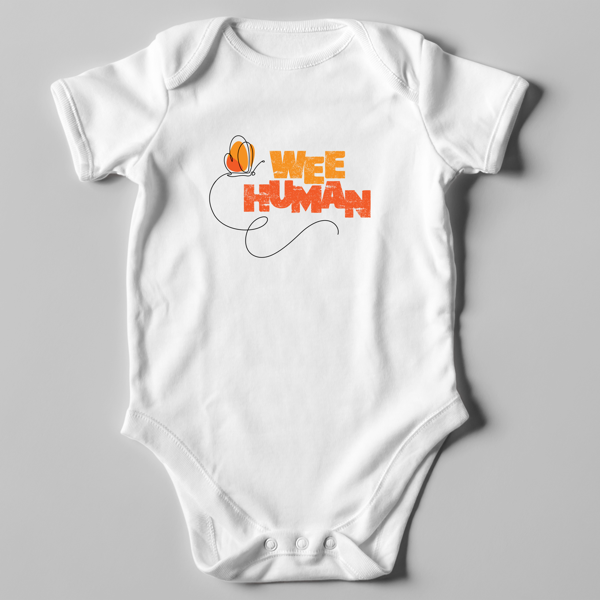 'Wee Human' white onesie with orange and yellow butterfly