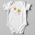 Orange and yellow butterfly and single flower on white onesie
