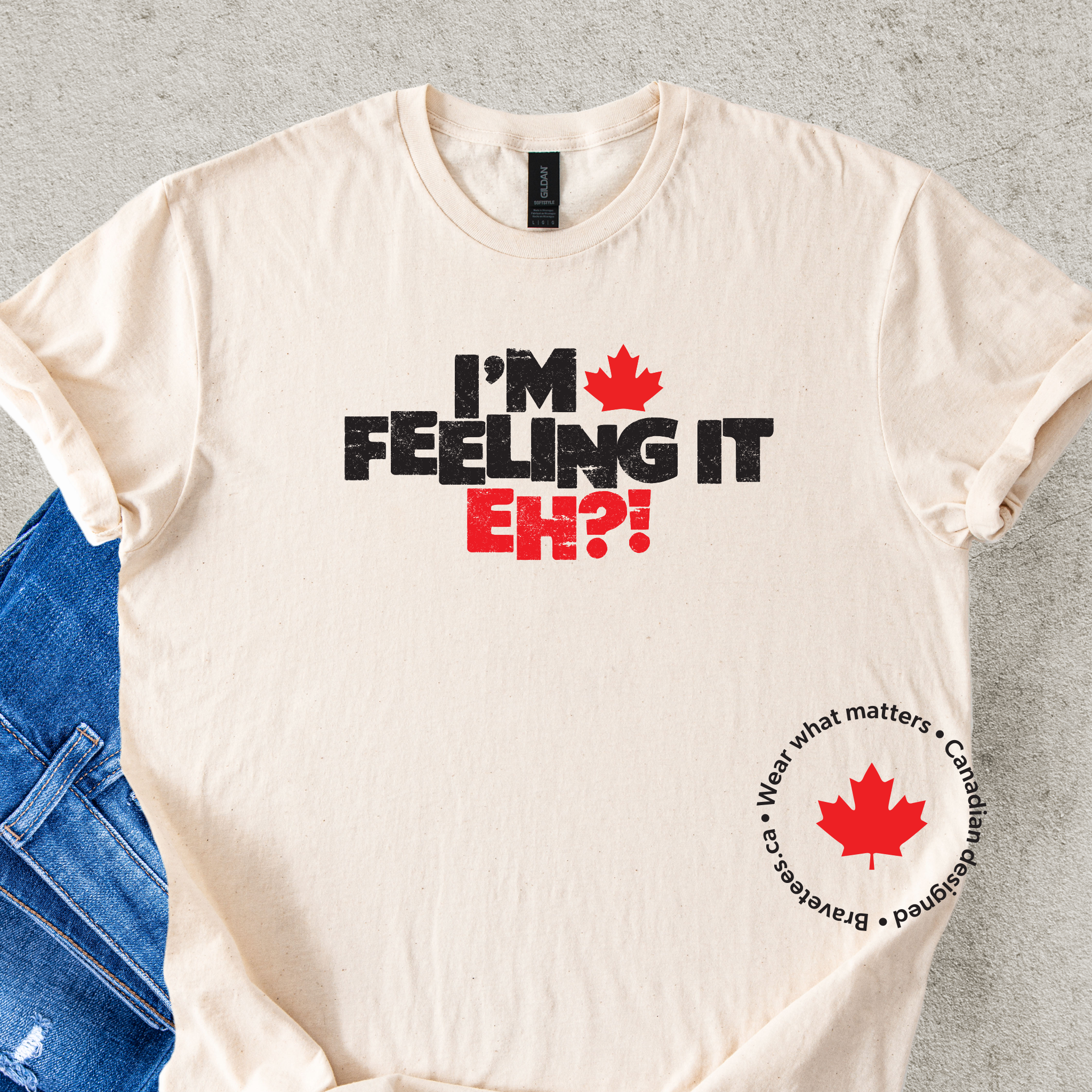 'I'm Feeling It Eh?' Canadian T-shirt in natural with maple leaf
