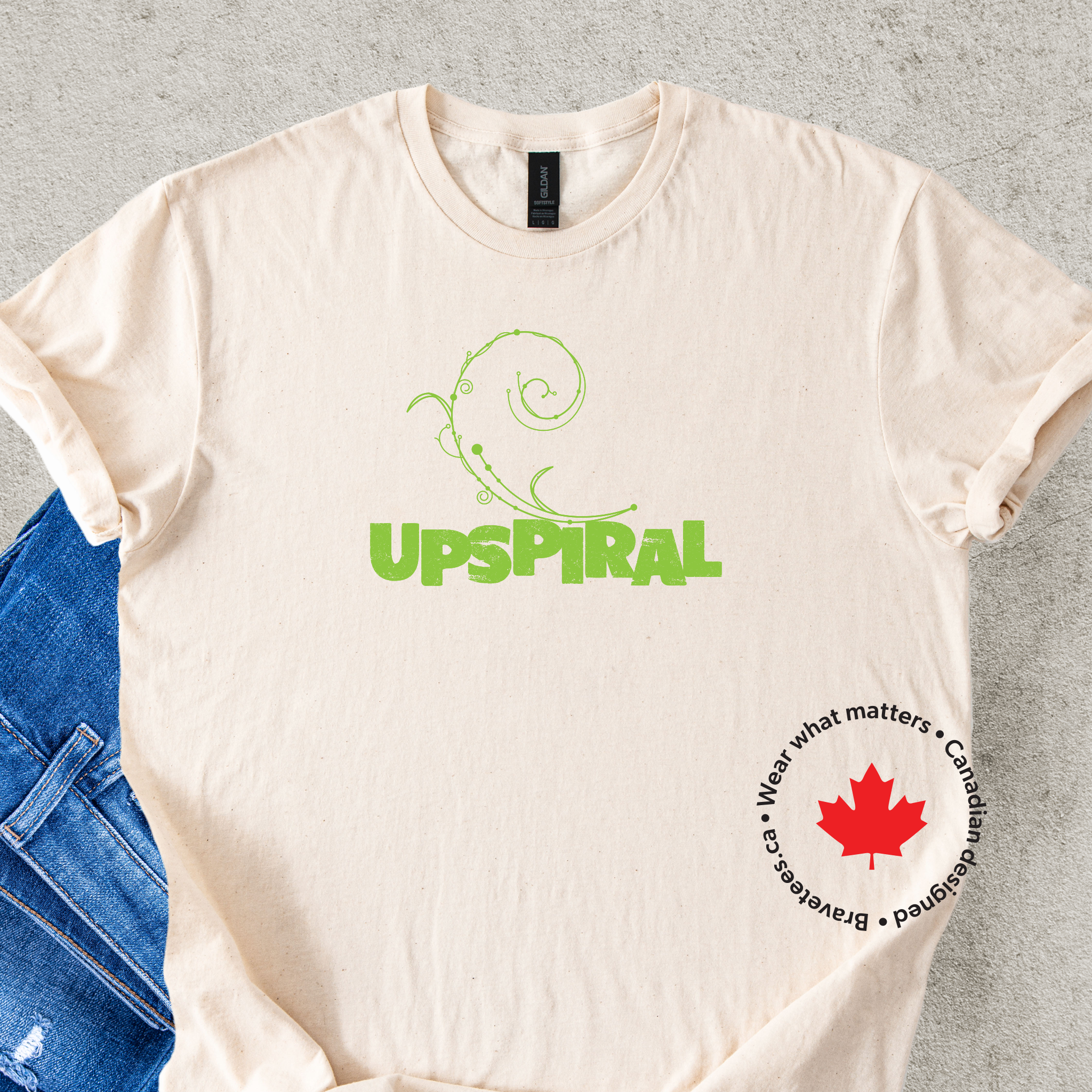 Green design: 'UPSPIRAL' t-shirt on natural fabric
