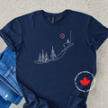 Navy blue t-shirt with nature-themed design and Canadian maple leaf