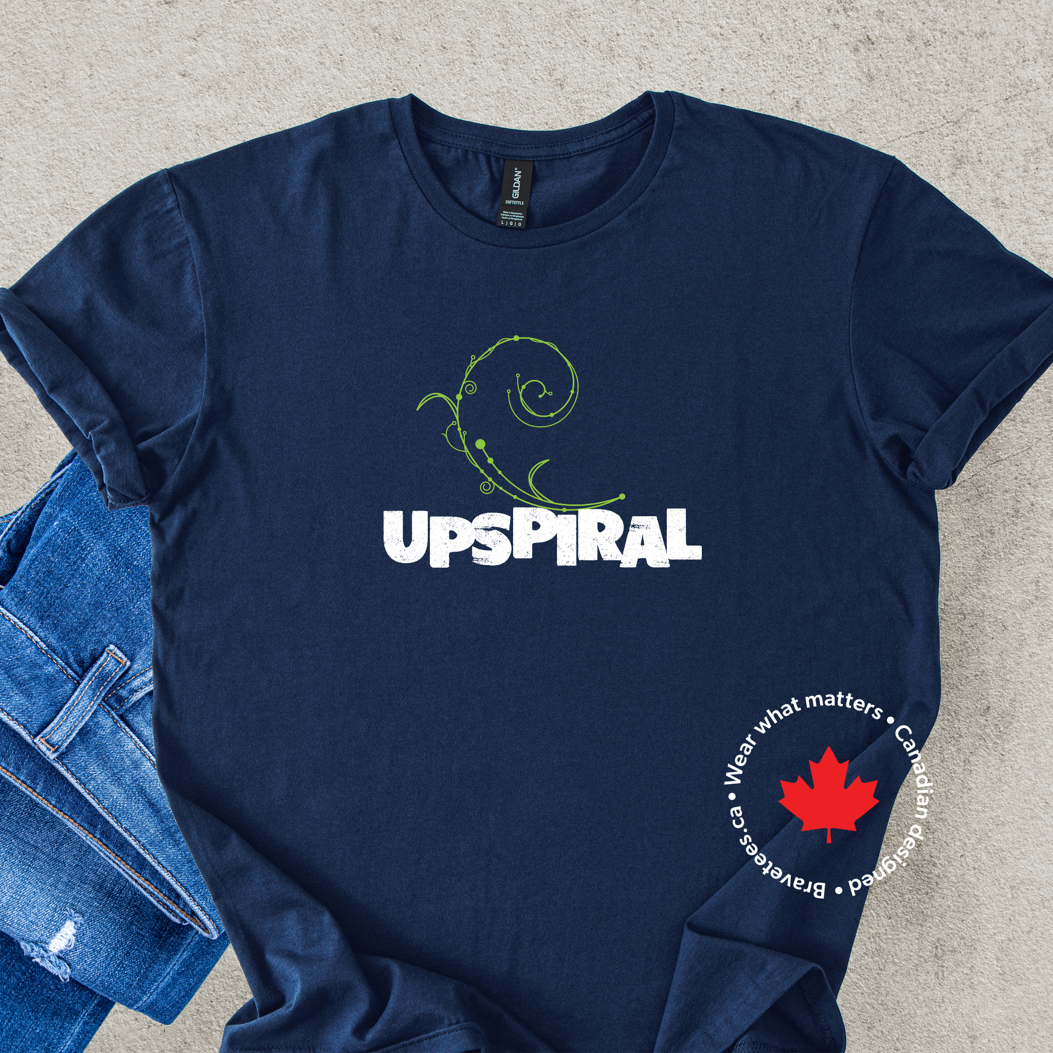 'UPSPIRAL' t-shirt on navy blue