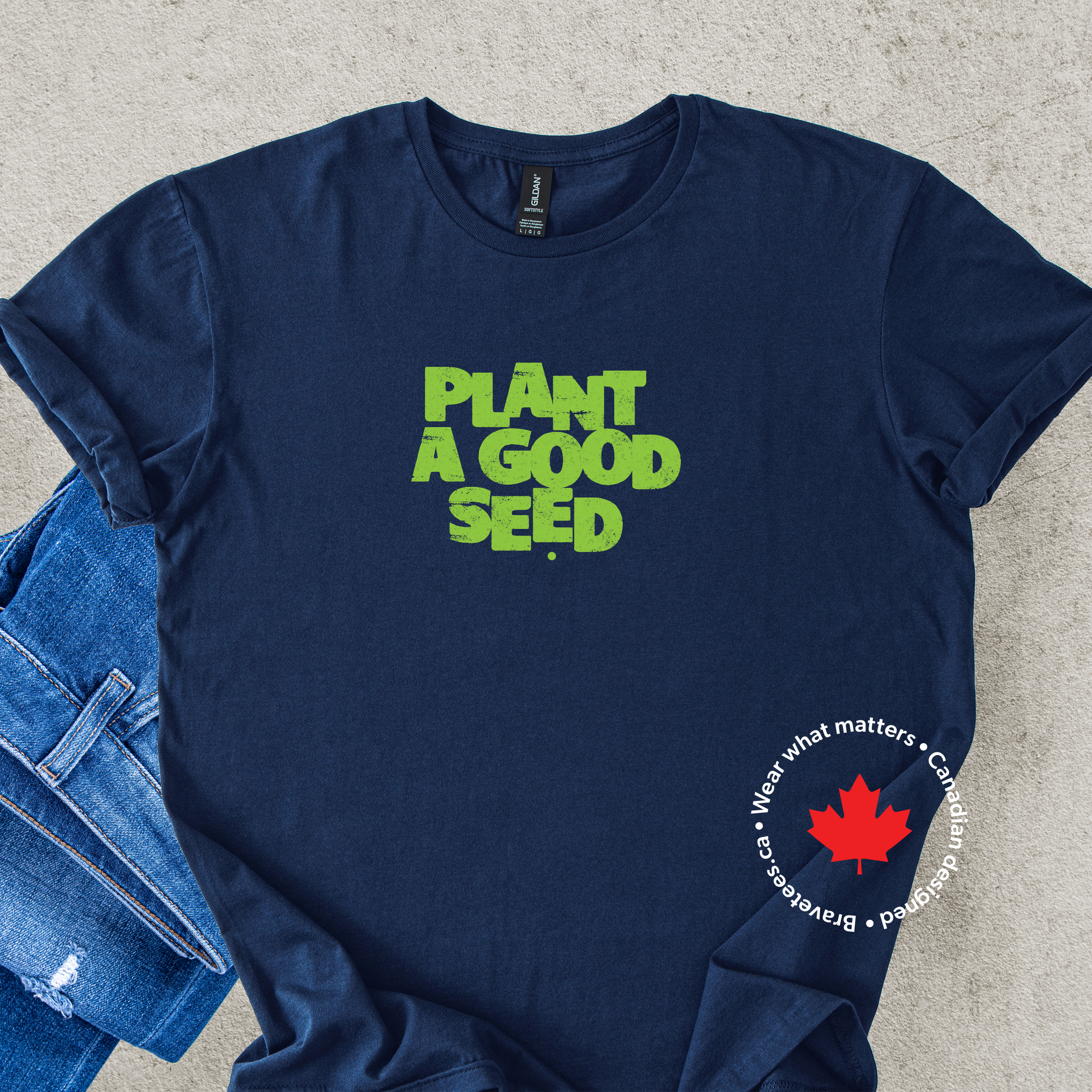 'Plant a Good Seed' green text on navy t-shirt