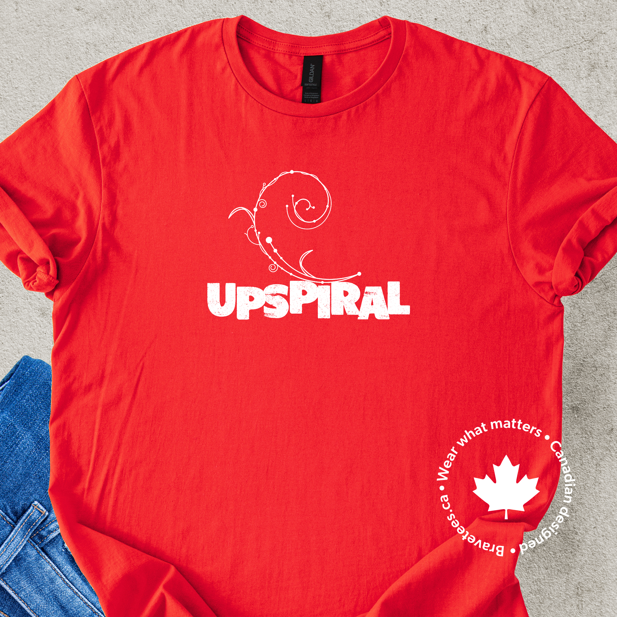'UPSPIRAL' t-shirt on red