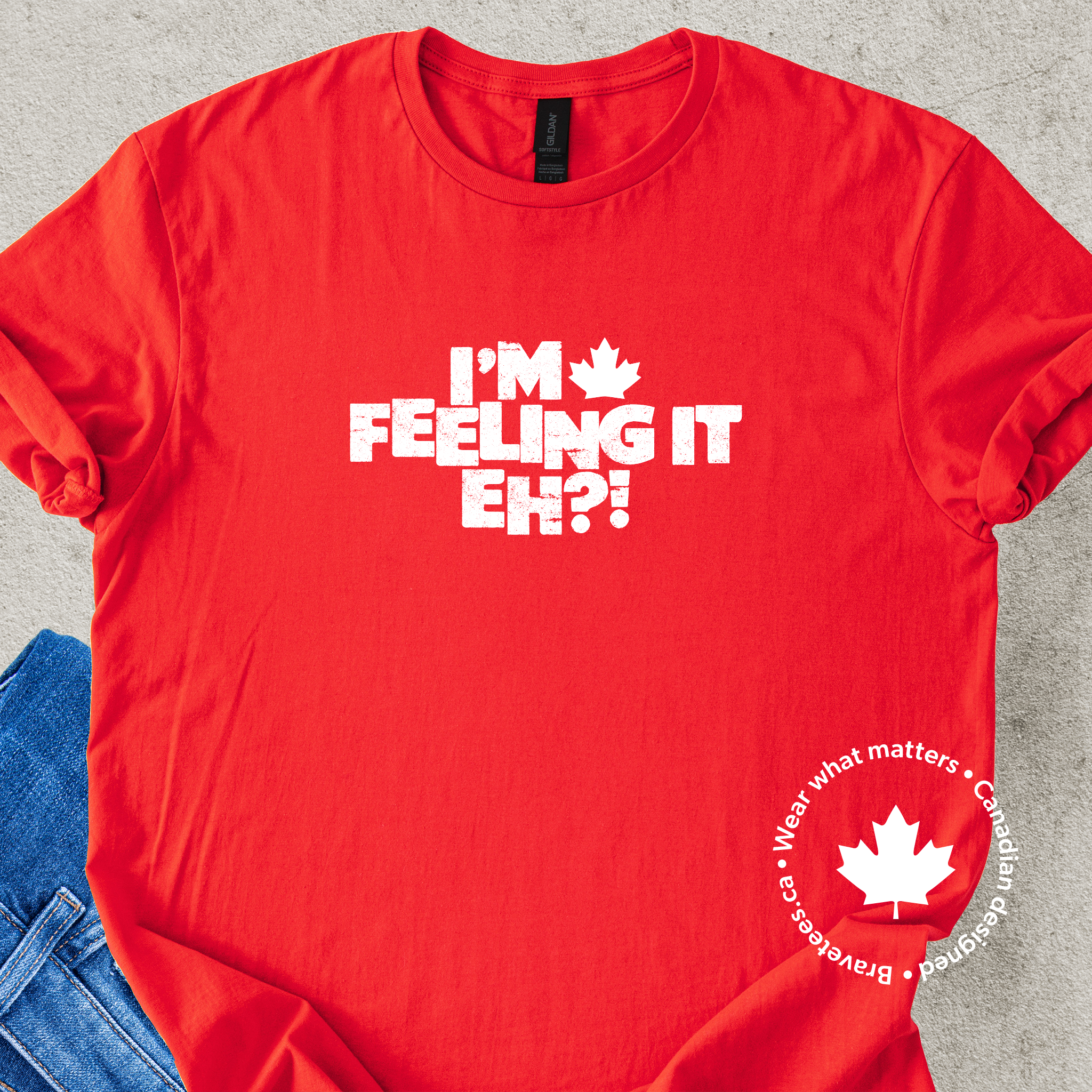 'I'm Feeling It Eh?' Canadian T-shirt in red with maple leaf