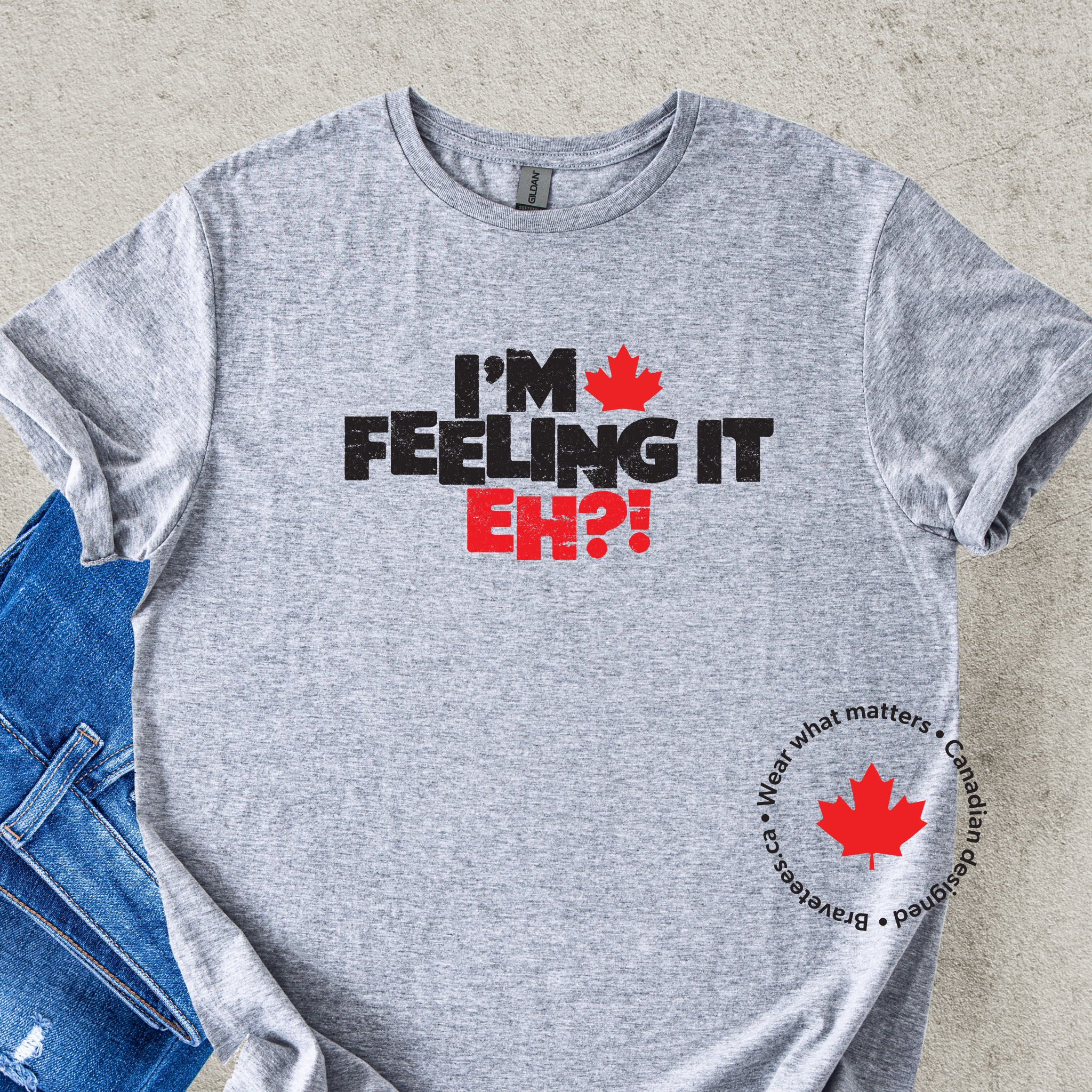 'I'm Feeling It Eh?' Canadian T-shirt in Sports Grey with maple leaf