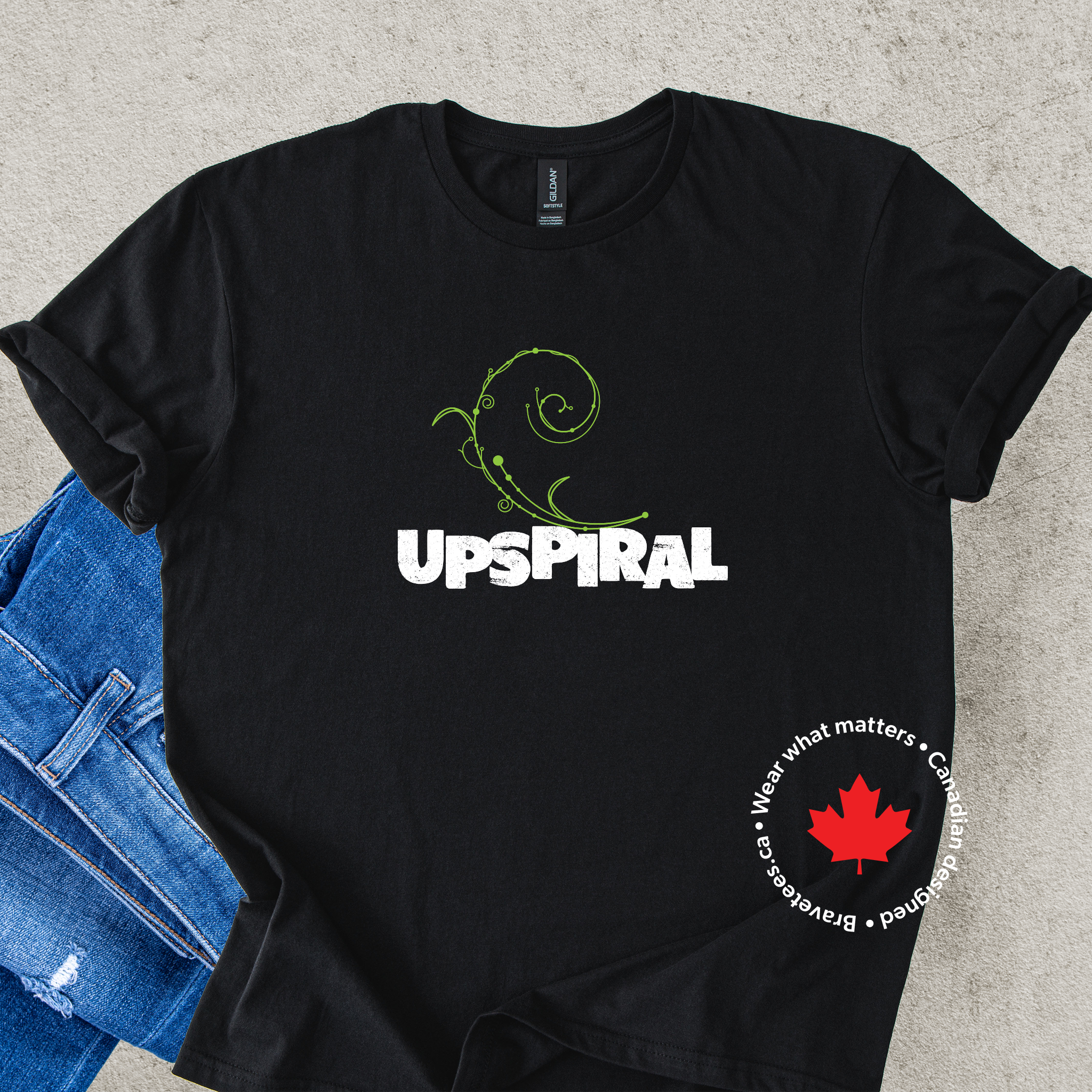 'UPSPIRAL' t-shirt on black