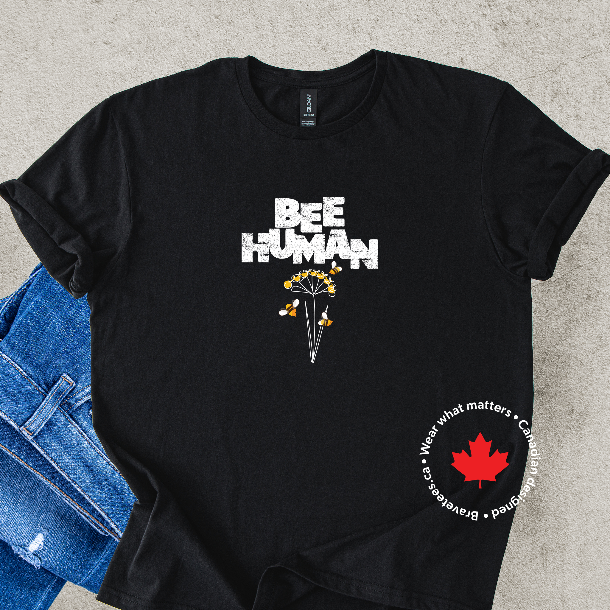'BEE HUMAN' bee and flower t-shirt in black
