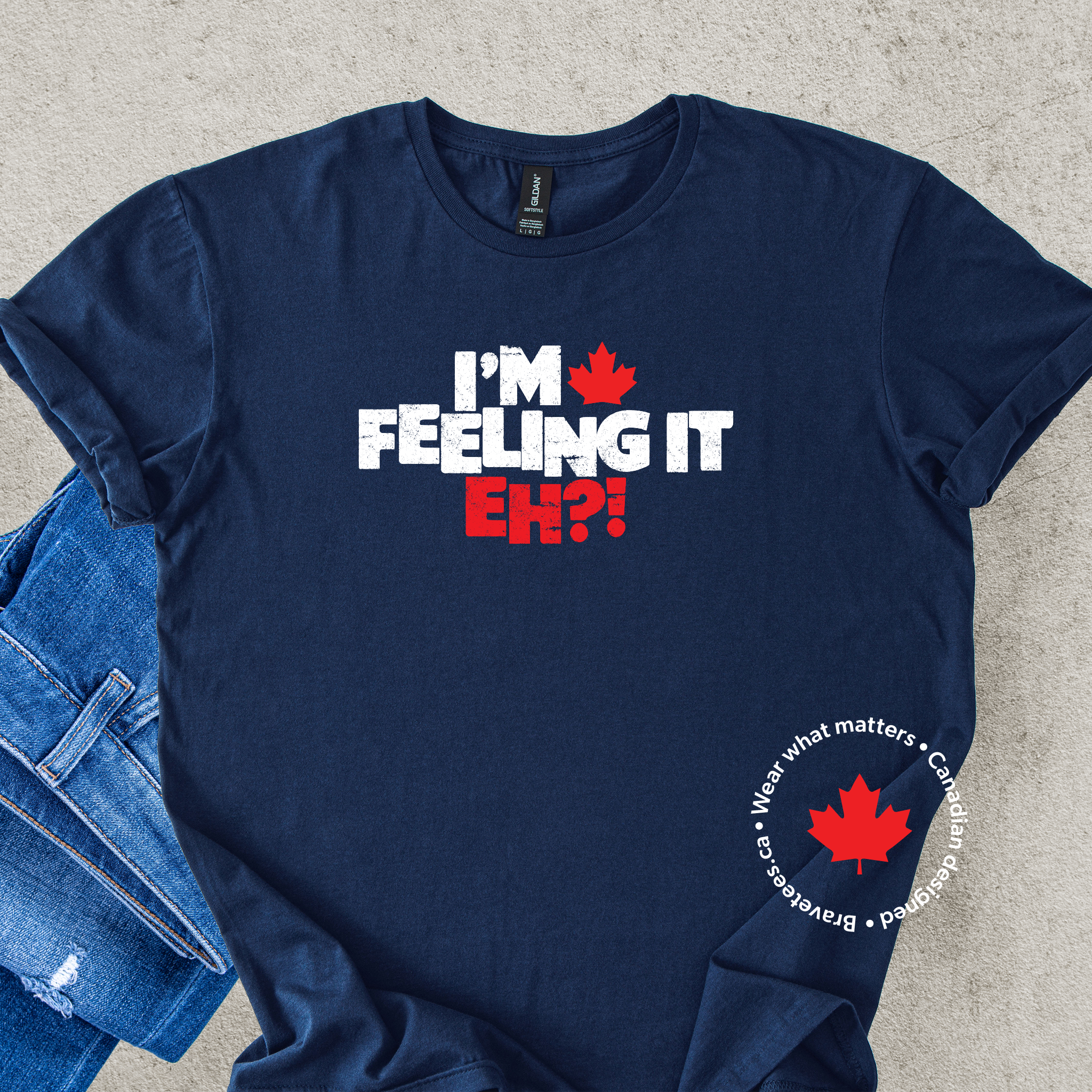 'I'm Feeling It Eh?' Canadian T-shirt in navy blue with maple leaf