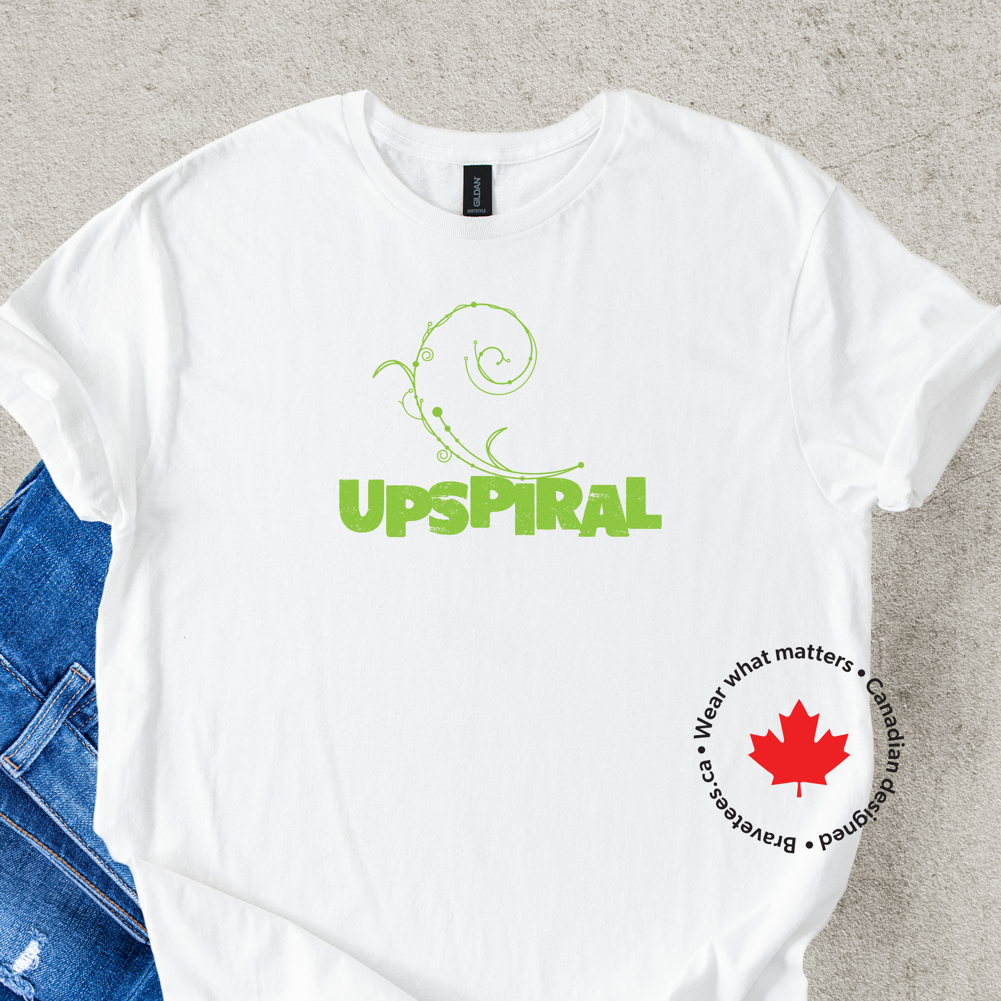 Green design: 'UPSPIRAL' t-shirt on white