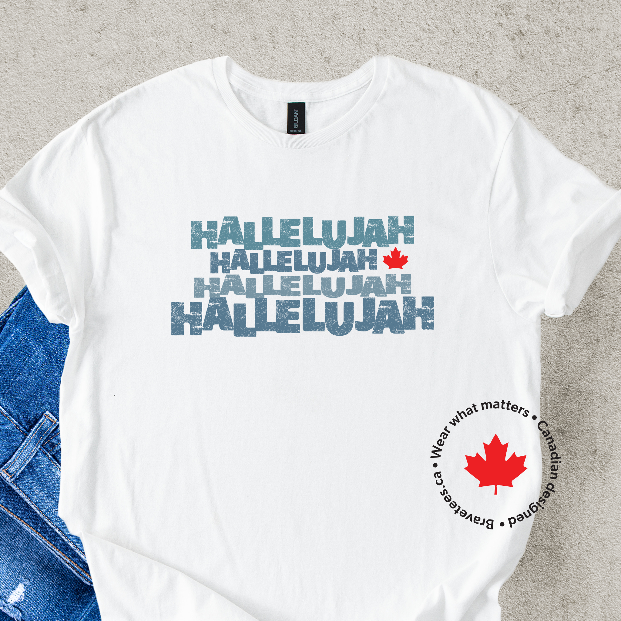 Hallelujah Canadian unisex t-shirt in blue and red