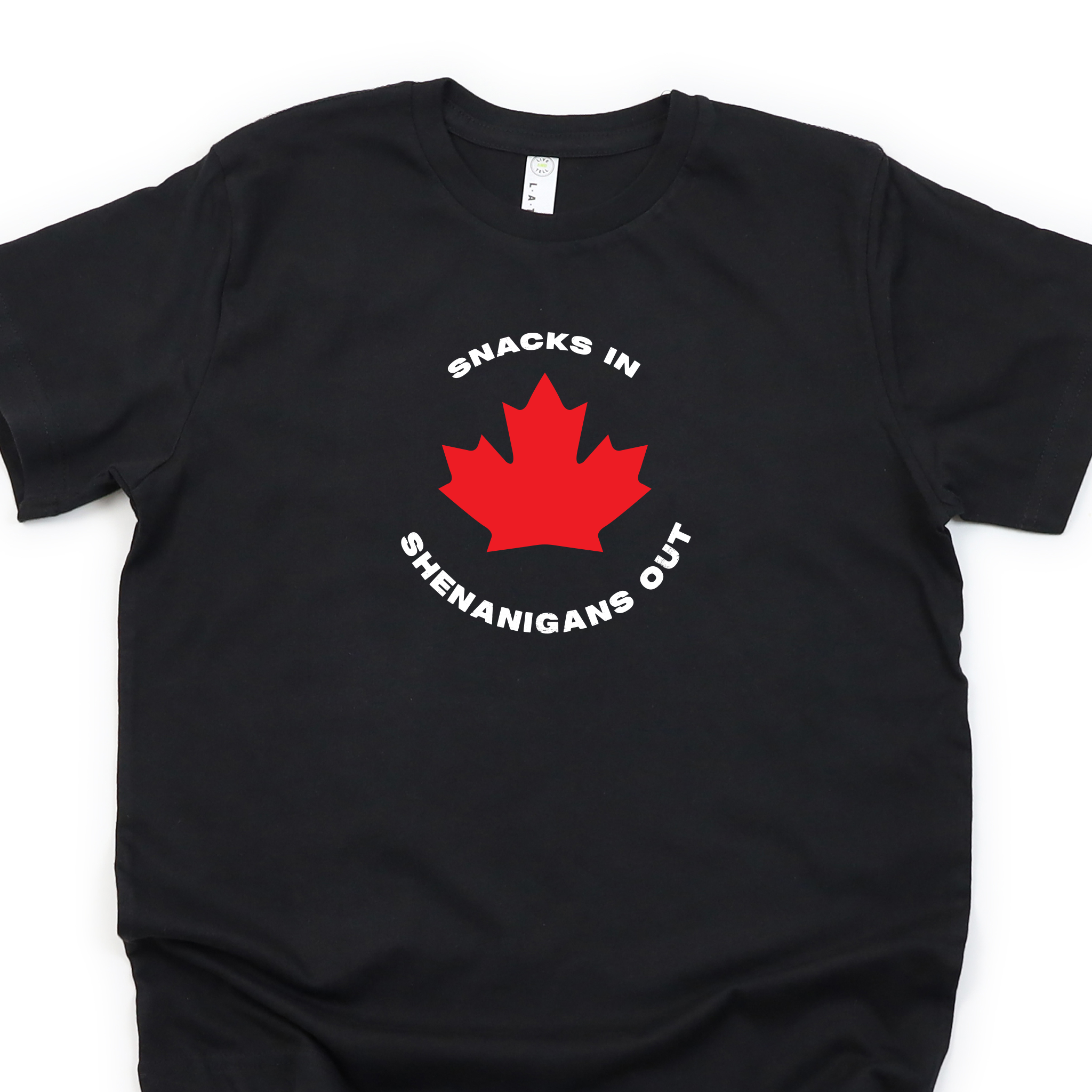 Snacks in–shenanigans out Canadian youth t-shirt in black

