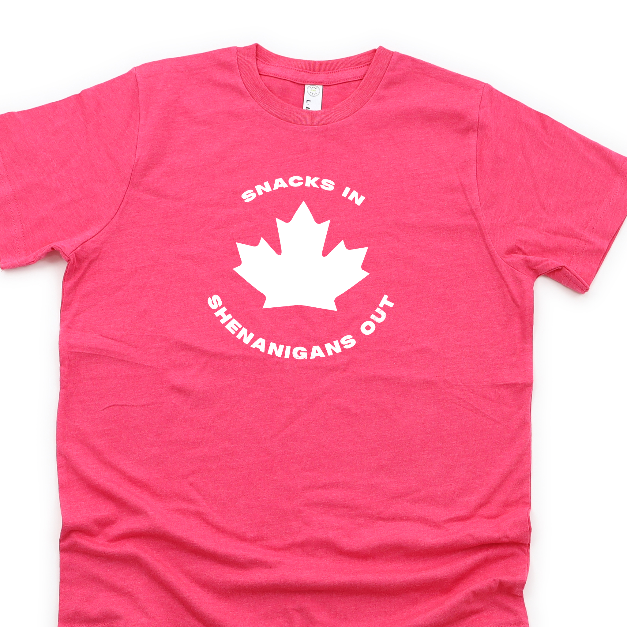 Snacks in–shenanigans out Canadian youth t-shirt in pink