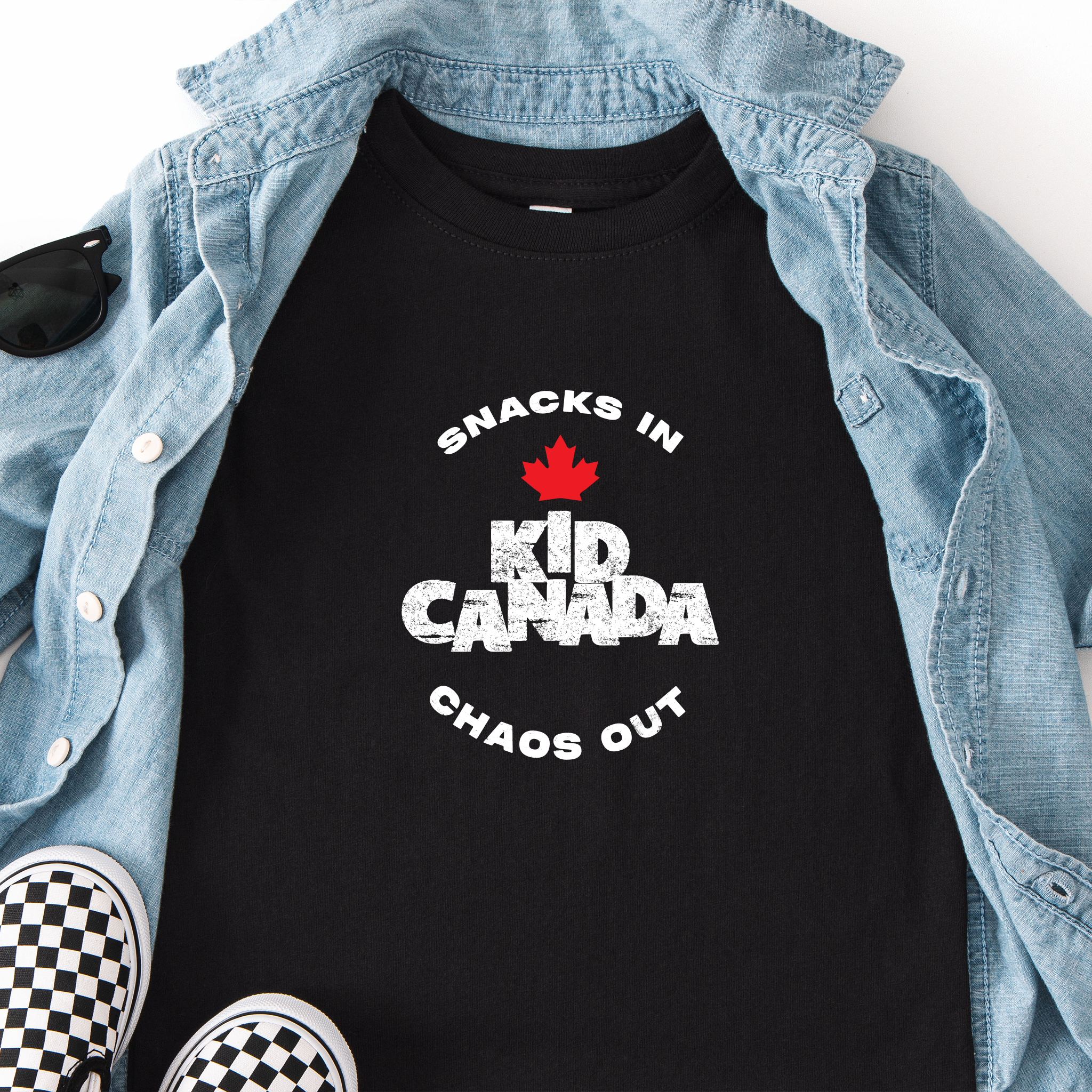 Snacks in–chaos out toddler t-shirt with 'Kid Canada' in black