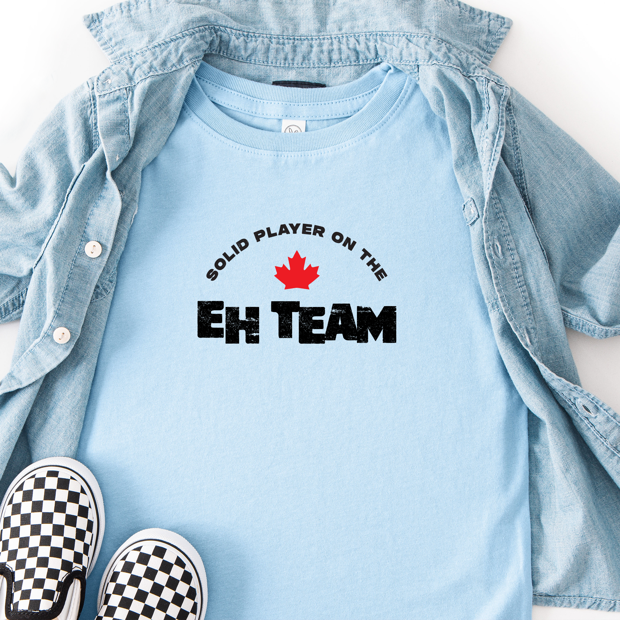 'Solid Player on the EH Team' text on a toddler t-shirt in light blue