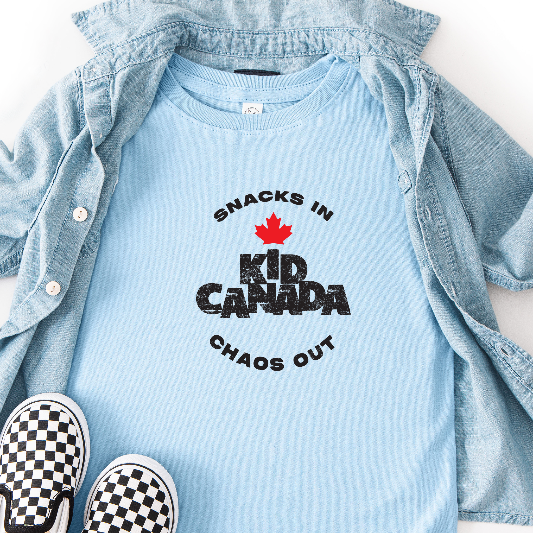 Snacks in–chaos out toddler t-shirt with 'Kid Canada' in light blue