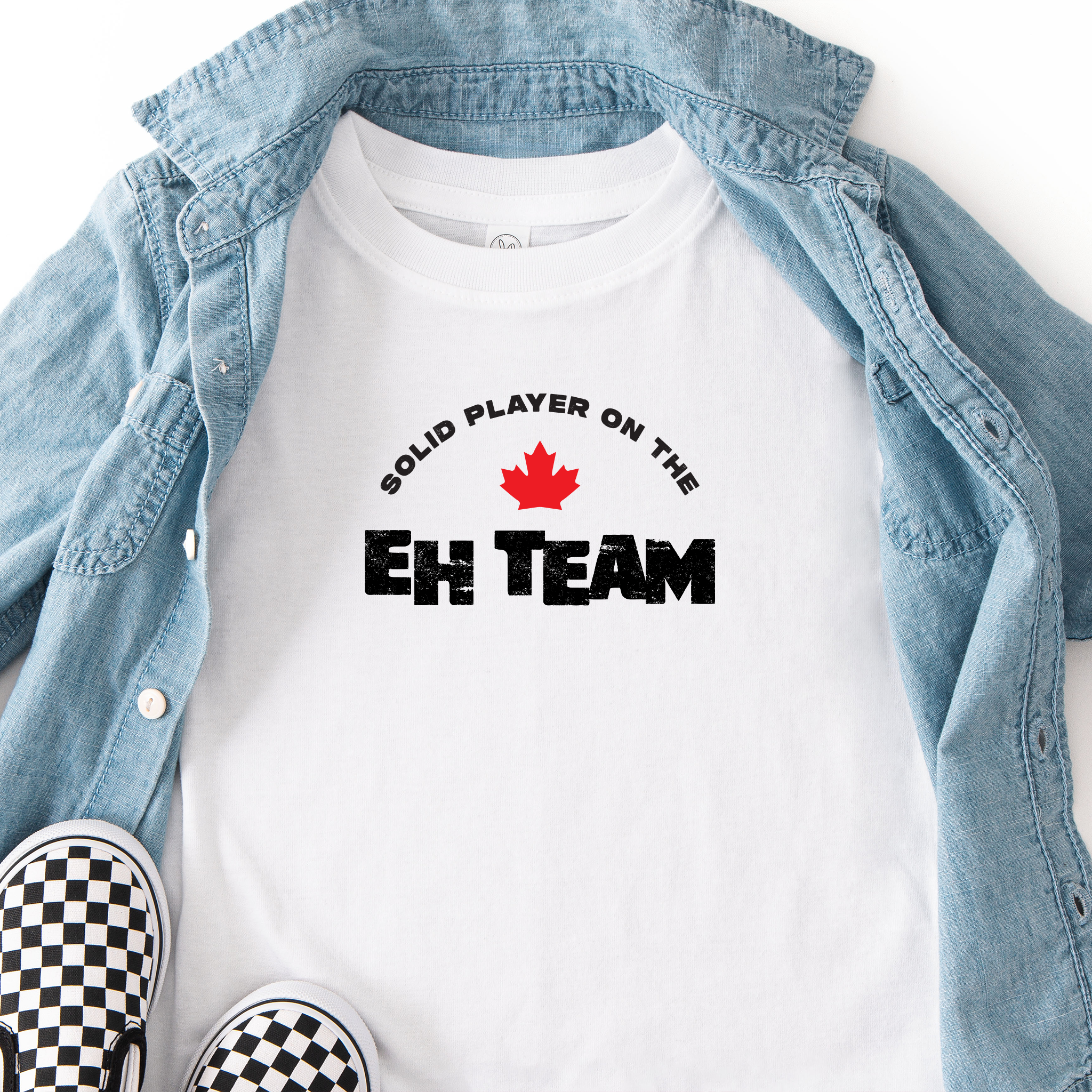 'Solid Player on the EH Team' text on a toddler t-shirt in white