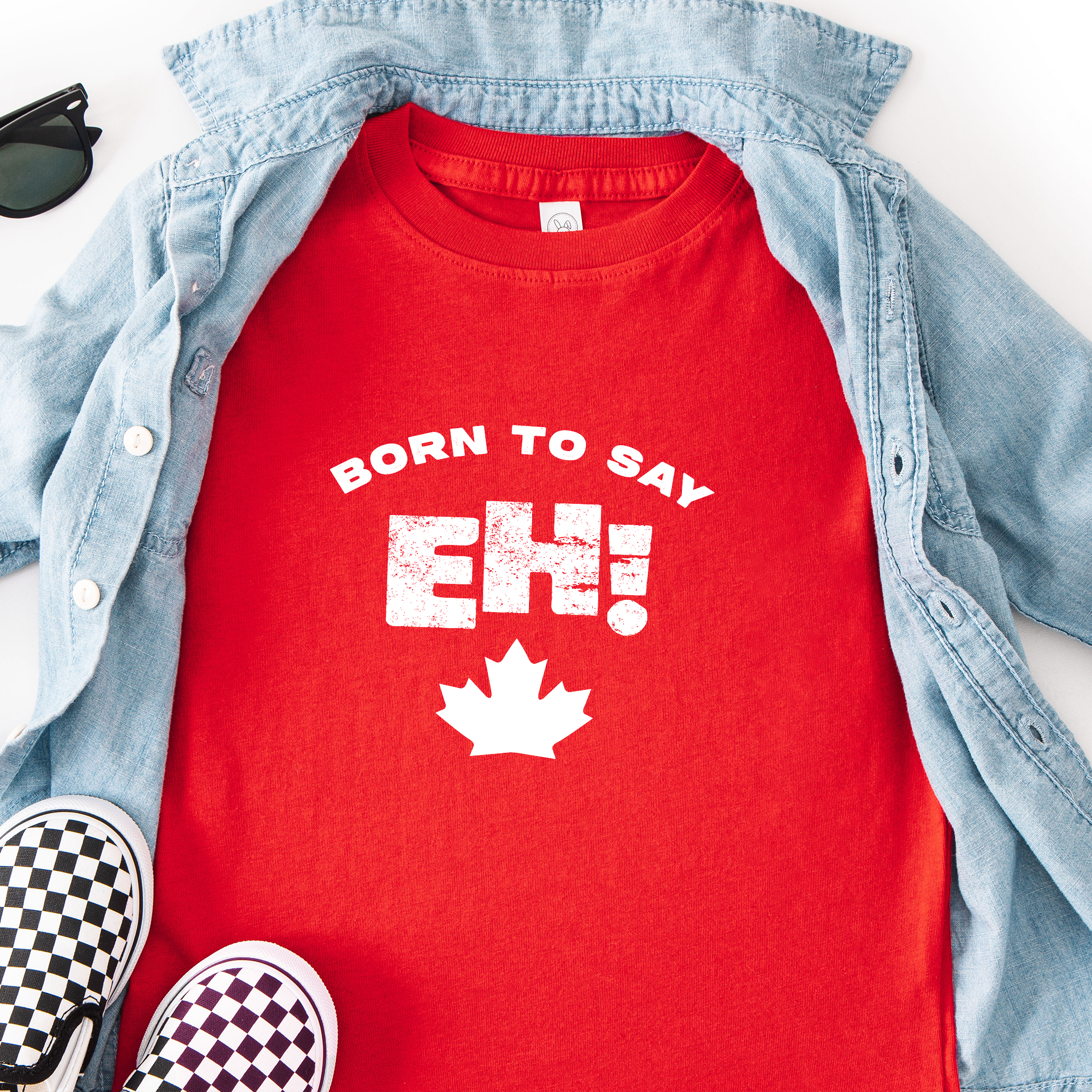 Born to Say EH! Canadian toddler t-shirt in red.