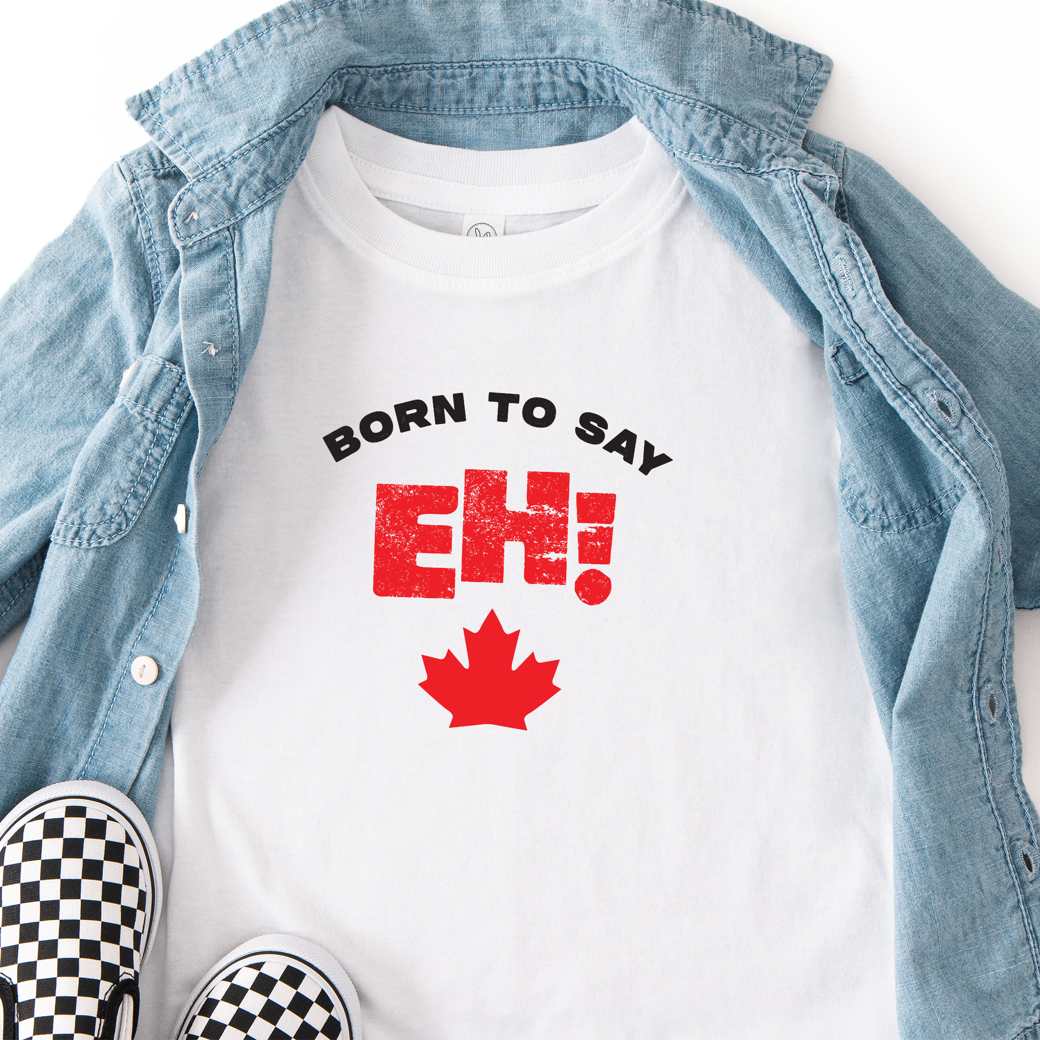 Born to Say EH! Canadian toddler t-shirt in red and white.