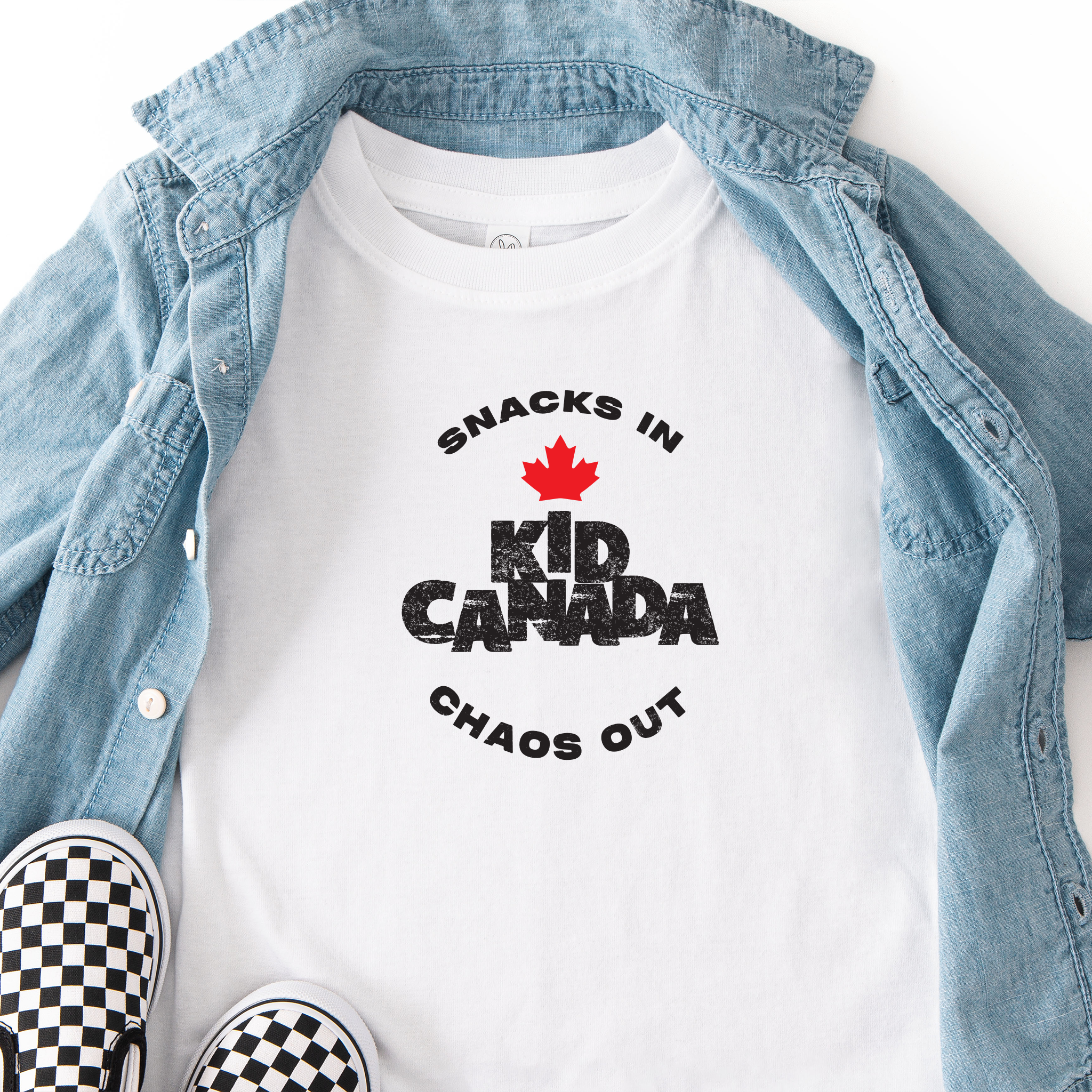 Snacks in–chaos out toddler t-shirt with 'Kid Canada' in white and red
